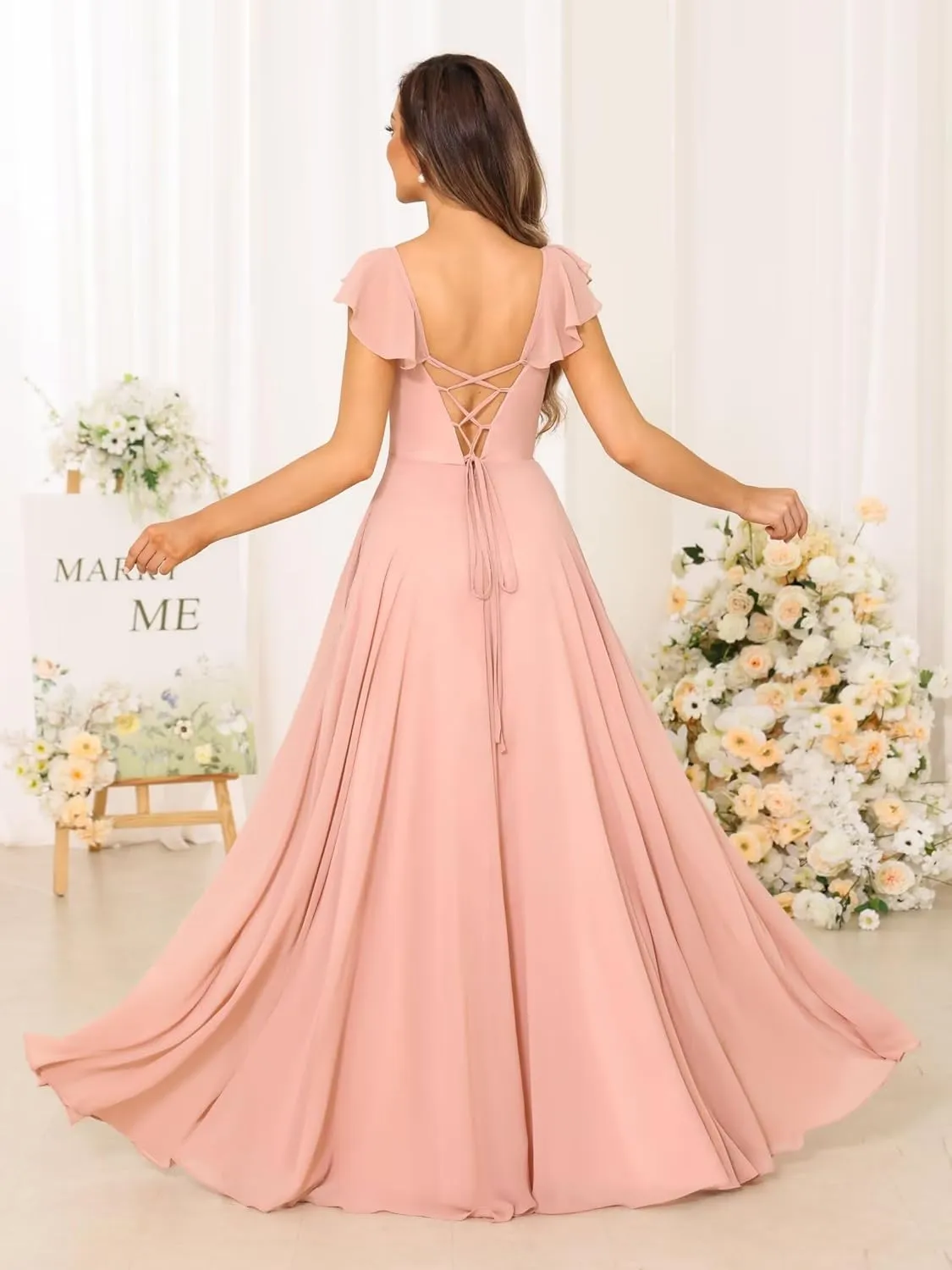 Miao Duo Women's Cap Sleeves Chiffon Bridesmaid Dresses Long with Pockets Ruffle Formal Dresses with Slit YZTS200