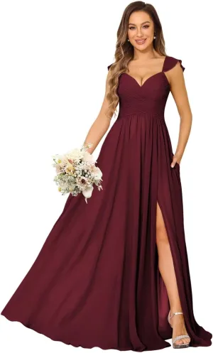 Miao Duo Women's Cap Sleeves Chiffon Bridesmaid Dresses Long with Pockets Ruffle Formal Dresses with Slit YZTS200