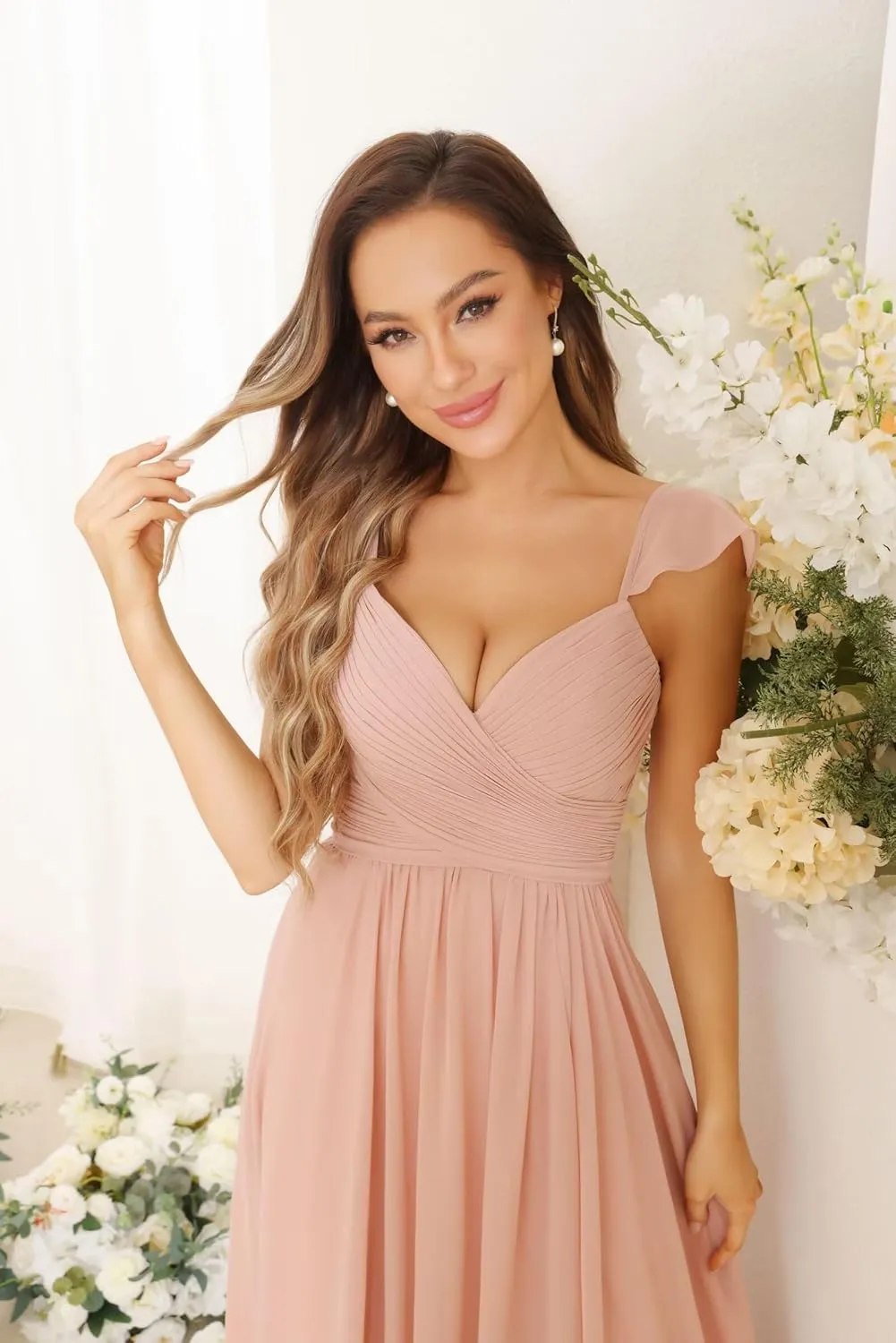Miao Duo Women's Cap Sleeves Chiffon Bridesmaid Dresses Long with Pockets Ruffle Formal Dresses with Slit YZTS200