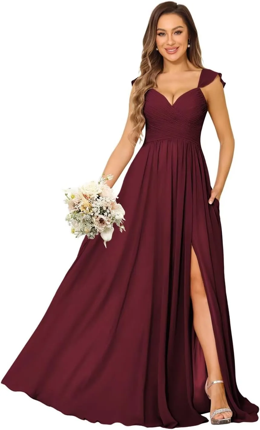 Miao Duo Women's Cap Sleeves Chiffon Bridesmaid Dresses Long with Pockets Ruffle Formal Dresses with Slit YZTS200