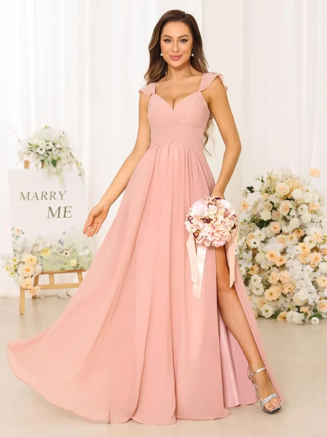 Miao Duo Women's Cap Sleeves Chiffon Bridesmaid Dresses Long with Pockets Ruffle Formal Dresses with Slit YZTS200