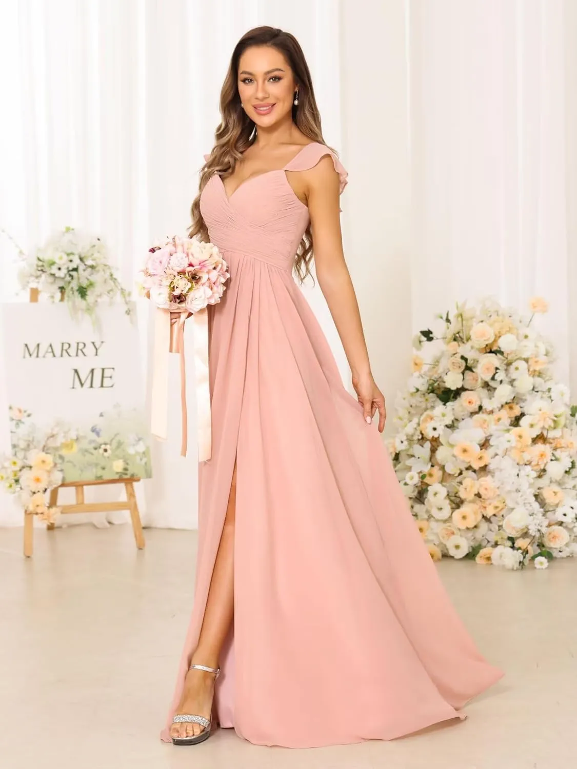 Miao Duo Women's Cap Sleeves Chiffon Bridesmaid Dresses Long with Pockets Ruffle Formal Dresses with Slit YZTS200