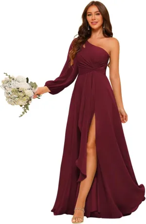 Miao Duo Women's Long Sleeves One Shoulder Bridesmaid Dresses Long Chiffon A Line Formal Dresses with Slit YZTS169