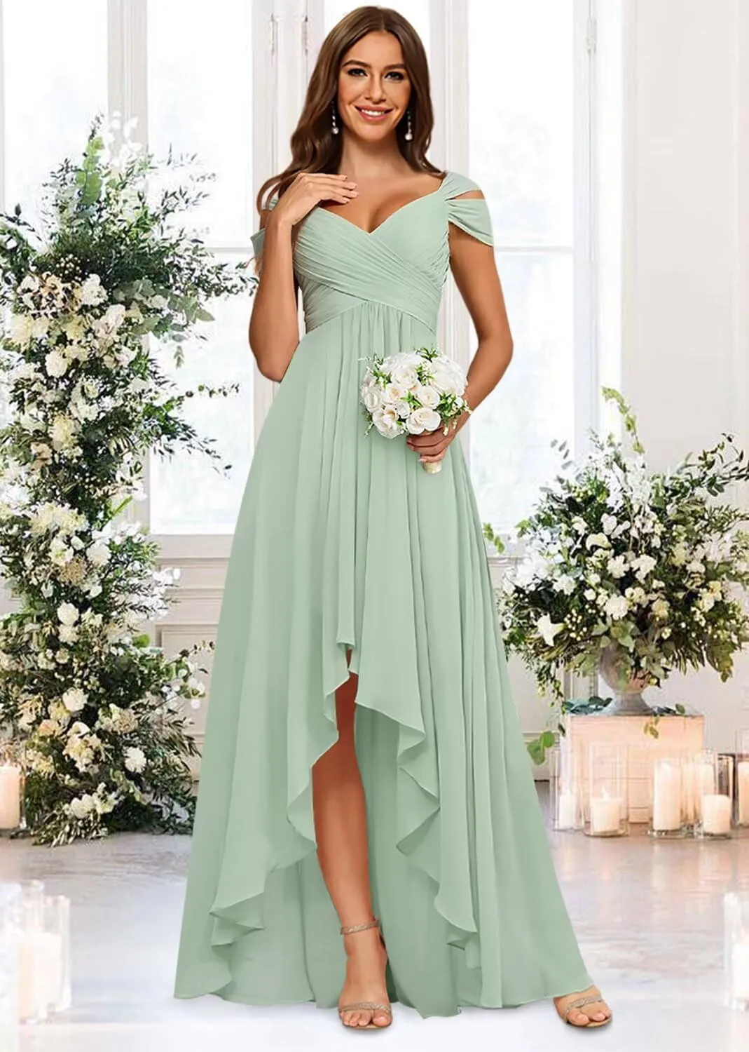 Miao Duo Women's Off Shoulder Chiffon Bridesmaid Dresses Ruched High Low V Neck Formal Gown with Pockets YZTS304
