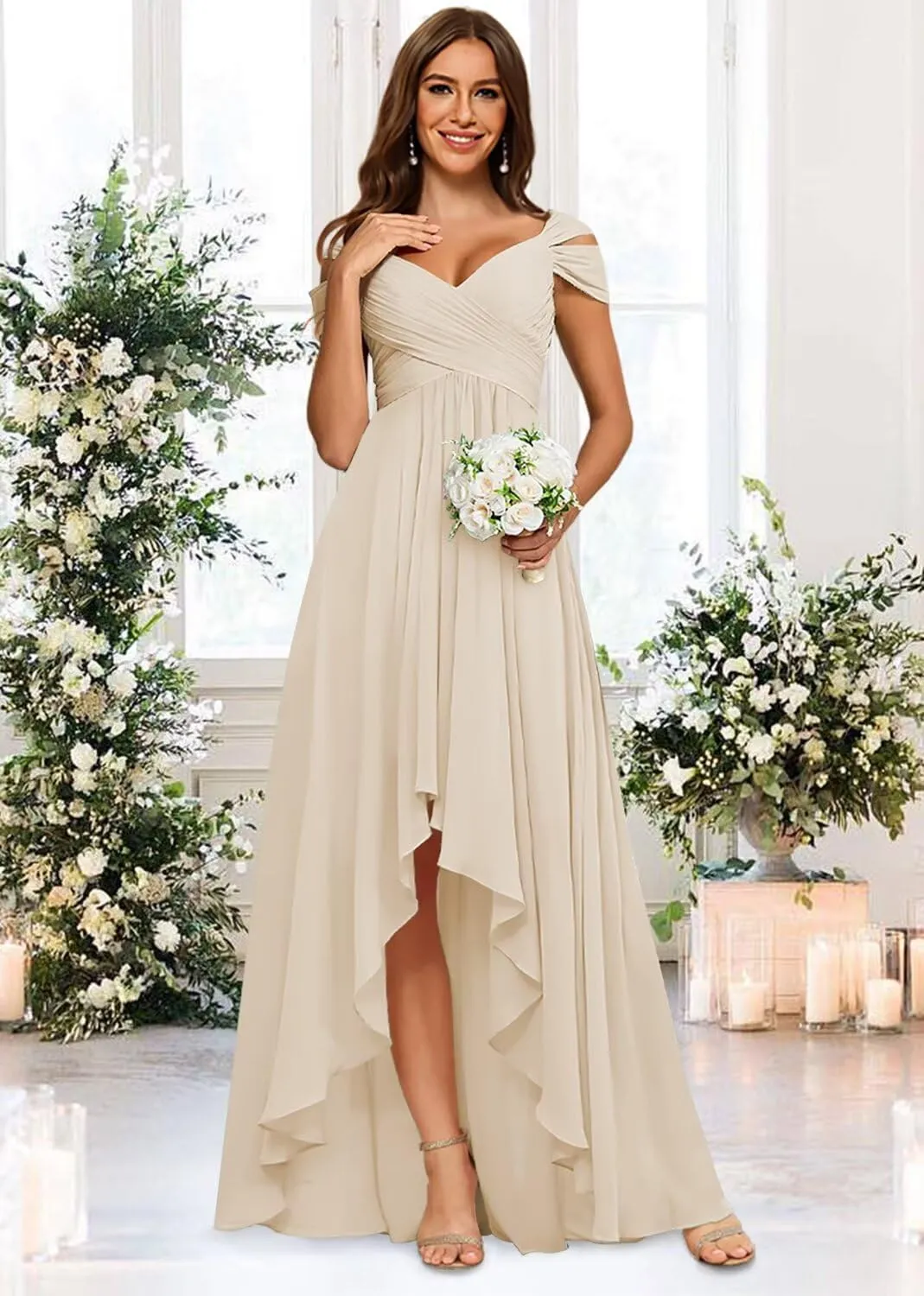 Miao Duo Women's Off Shoulder Chiffon Bridesmaid Dresses Ruched High Low V Neck Formal Gown with Pockets YZTS304