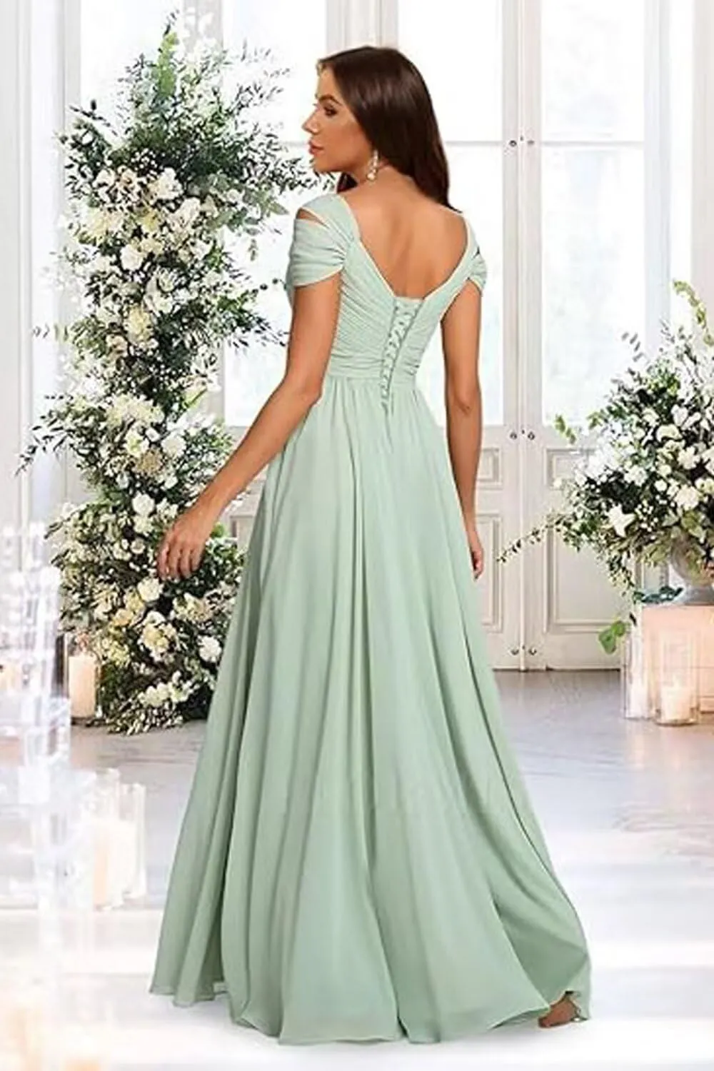 Miao Duo Women's Off Shoulder Chiffon Bridesmaid Dresses Ruched High Low V Neck Formal Gown with Pockets YZTS304