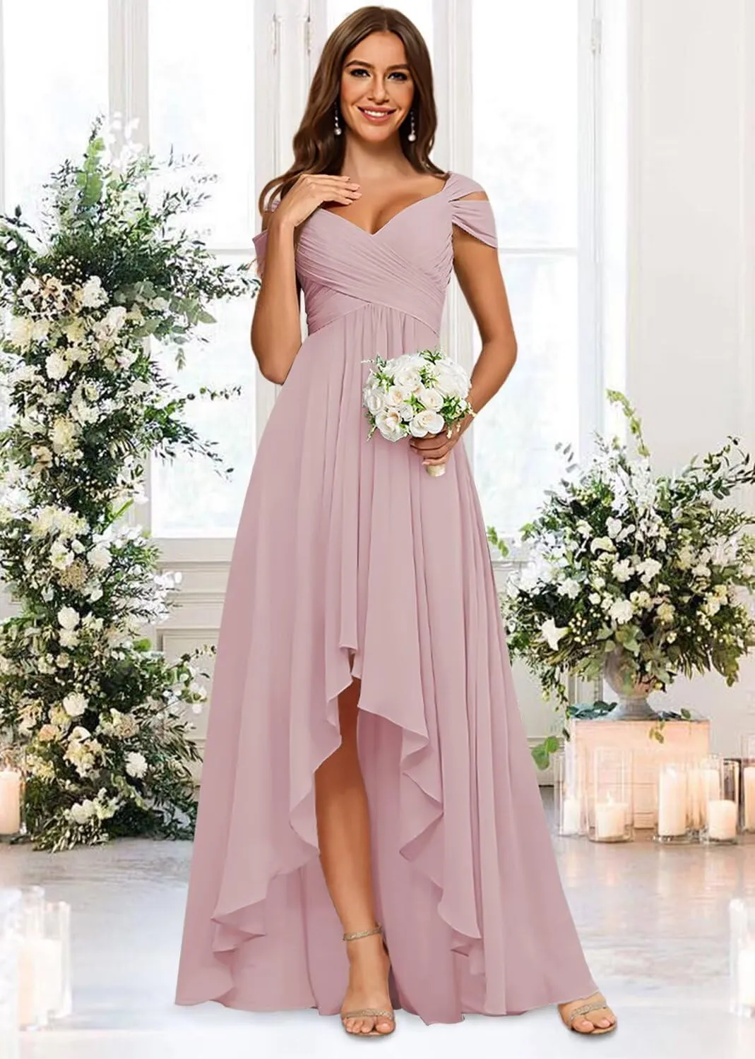 Miao Duo Women's Off Shoulder Chiffon Bridesmaid Dresses Ruched High Low V Neck Formal Gown with Pockets YZTS304
