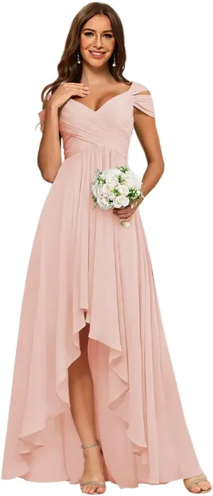 Miao Duo Women's Off Shoulder Chiffon Bridesmaid Dresses Ruched High Low V Neck Formal Gown with Pockets YZTS304