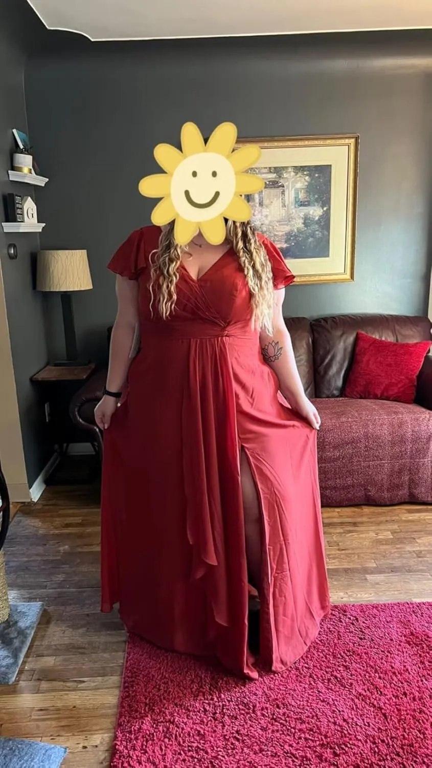 Miao Duo Womens Ruffle Sleeves Plus Size Bridesmaid Dresses 2024 with Pockets V Neck Long Formal Dress with Slit YZTS081