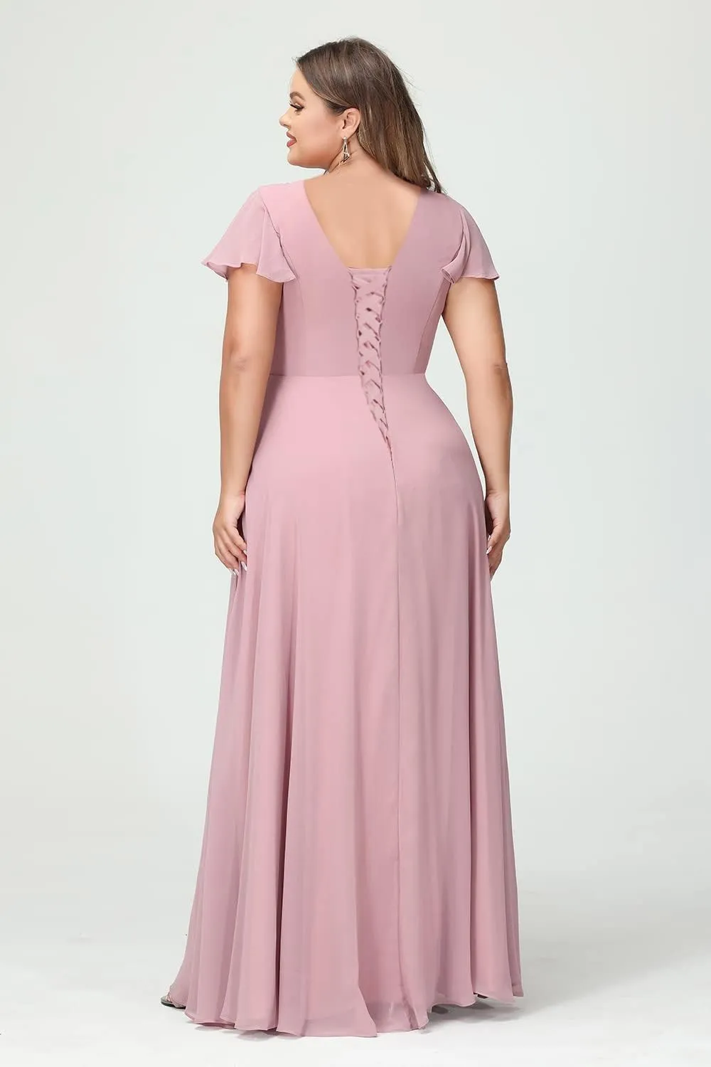 Miao Duo Womens Ruffle Sleeves Plus Size Bridesmaid Dresses 2024 with Pockets V Neck Long Formal Dress with Slit YZTS081