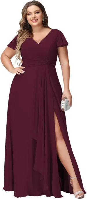 Miao Duo Womens Ruffle Sleeves Plus Size Bridesmaid Dresses 2024 with Pockets V Neck Long Formal Dress with Slit YZTS081