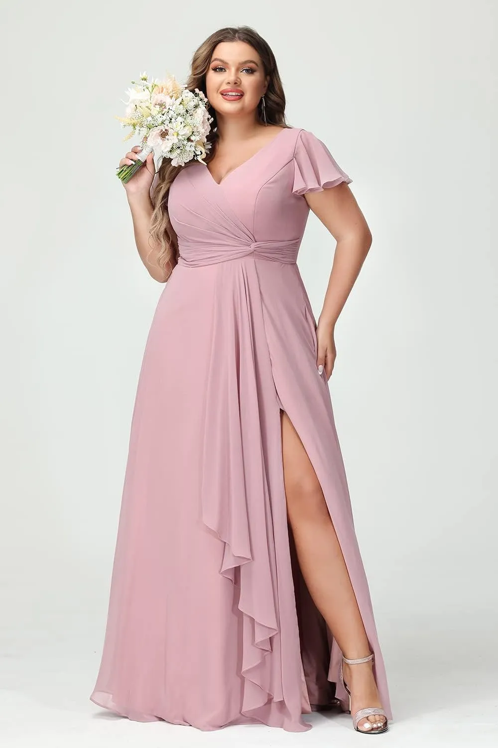 Miao Duo Womens Ruffle Sleeves Plus Size Bridesmaid Dresses 2024 with Pockets V Neck Long Formal Dress with Slit YZTS081