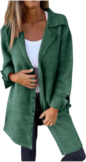 Mid-Length Trench Coats for Women Casual Notched Lapel Wool Single-Breasted Jackets Windbreaker Outerwear Overcoats