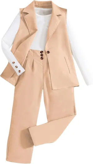 Milumia Girl's 3 Piece Outfits Long Sleeve Tee Shirt and Blazer Vest with Pants