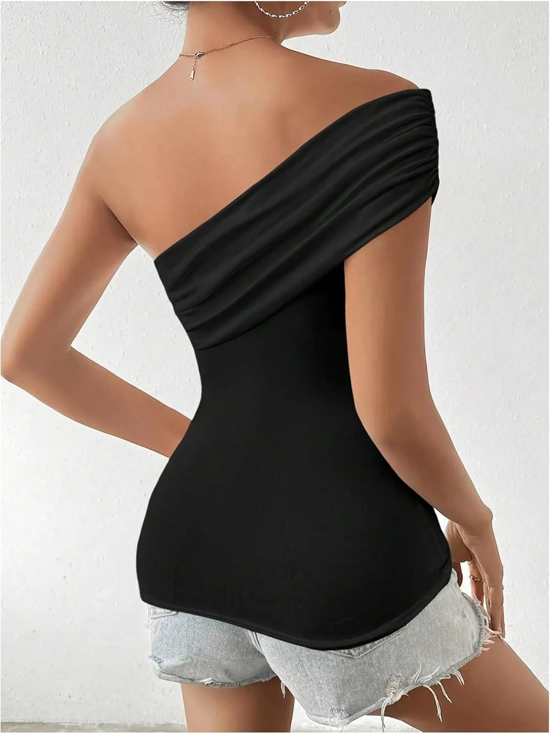 Milumia Women's Ruched One Shoulder Tank Top Asymmetrical Neck Short Sleeve Tee Tops