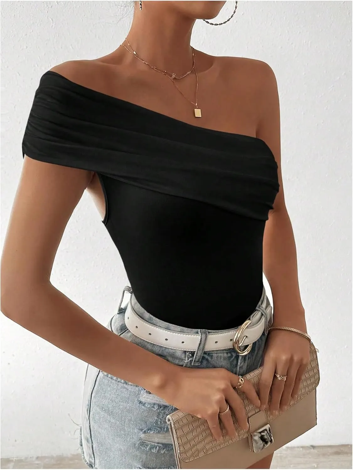 Milumia Women's Ruched One Shoulder Tank Top Asymmetrical Neck Short Sleeve Tee Tops