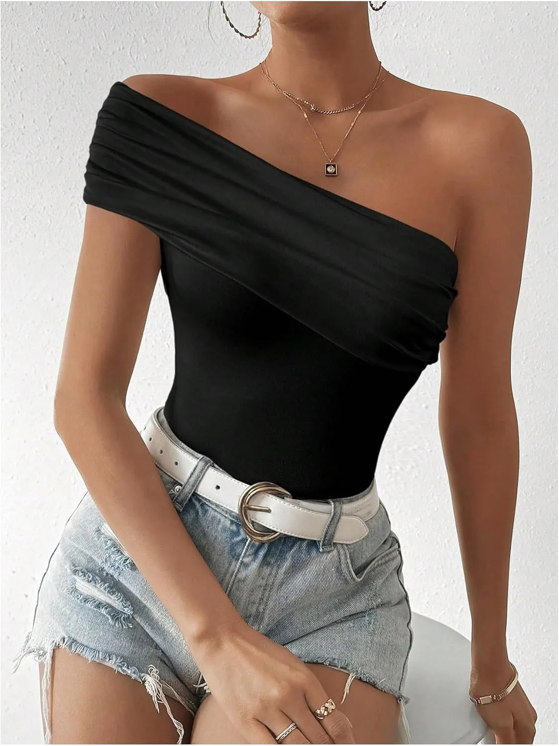 Milumia Women's Ruched One Shoulder Tank Top Asymmetrical Neck Short Sleeve Tee Tops