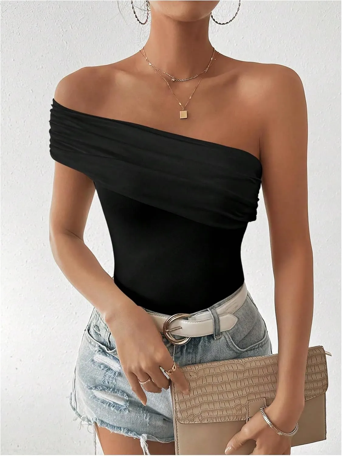 Milumia Women's Ruched One Shoulder Tank Top Asymmetrical Neck Short Sleeve Tee Tops
