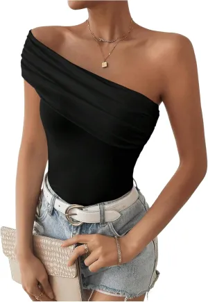 Milumia Women's Ruched One Shoulder Tank Top Asymmetrical Neck Short Sleeve Tee Tops