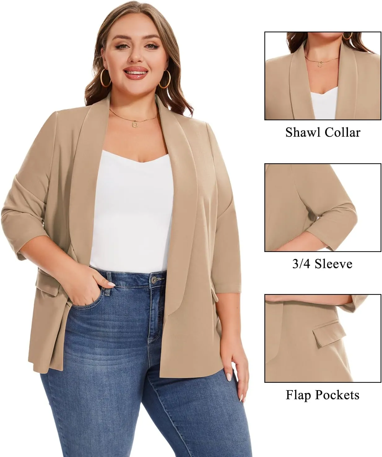 MINTLIMIT Plus Size Blazers for Women Casual Work Office 3/4 Sleeve Open Front Cardigan Suit Jacket Blazer with Pockets