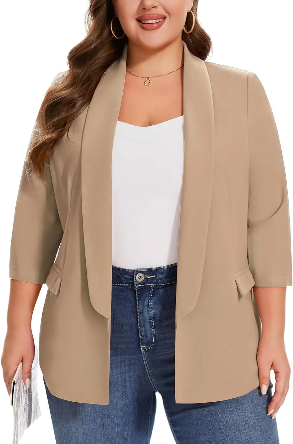MINTLIMIT Plus Size Blazers for Women Casual Work Office 3/4 Sleeve Open Front Cardigan Suit Jacket Blazer with Pockets
