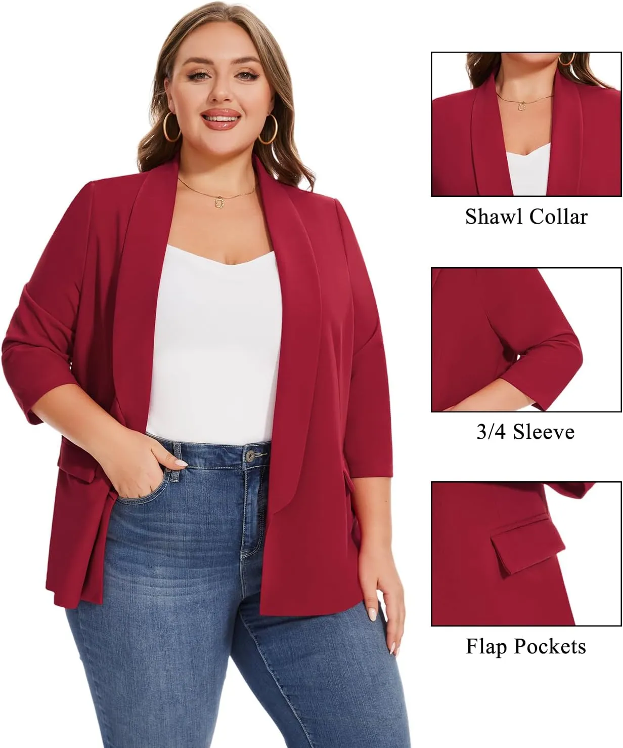 MINTLIMIT Plus Size Blazers for Women Casual Work Office 3/4 Sleeve Open Front Cardigan Suit Jacket Blazer with Pockets