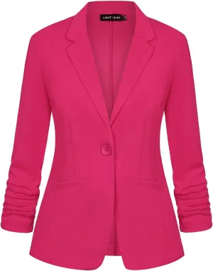 MINTLIMIT Women Hot Pink Blazer Jackets Button Front Notched Lapel 3/4 Gathered Sleeve Blazer with Pockets, 2XL