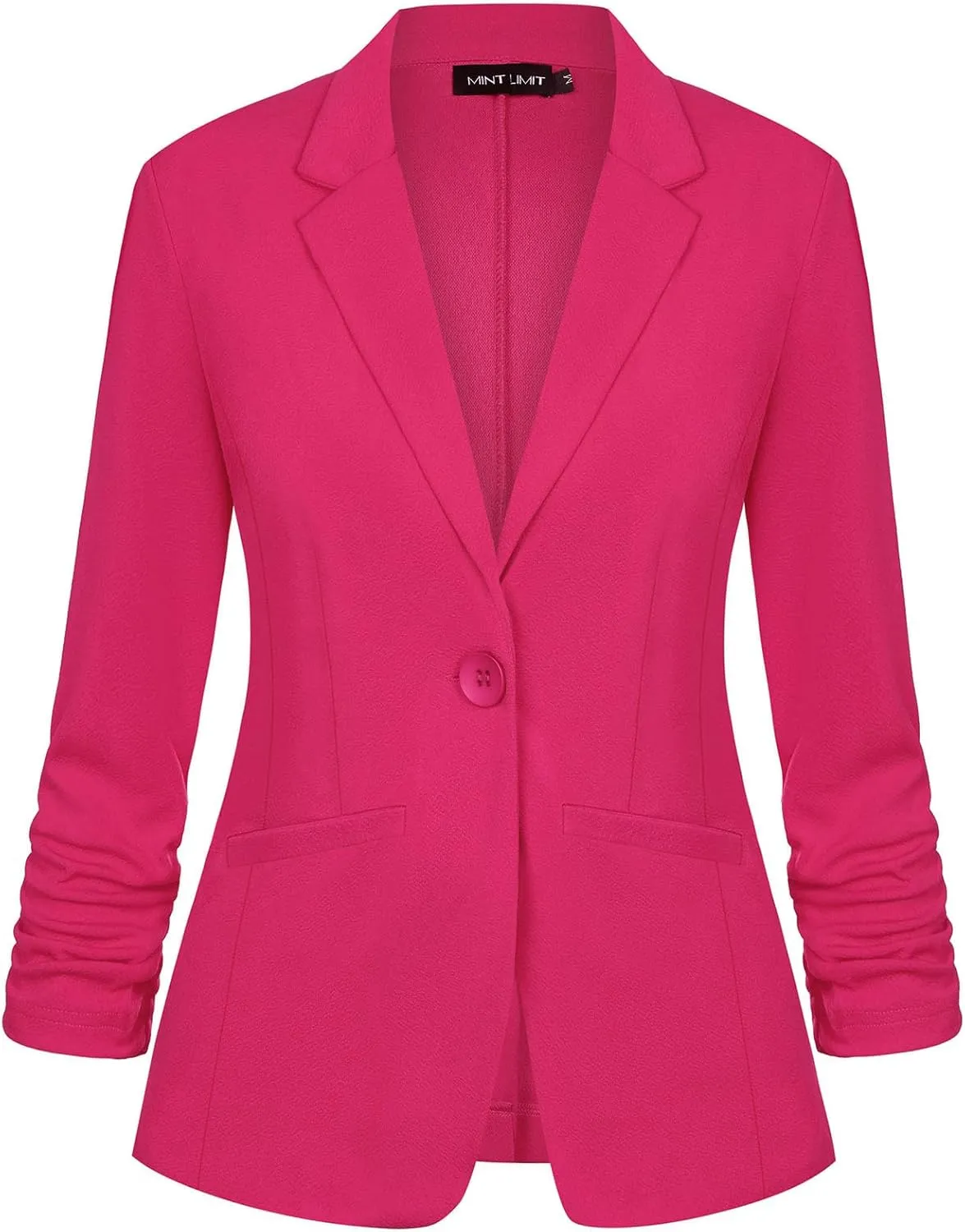 MINTLIMIT Women Hot Pink Blazer Jackets Button Front Notched Lapel 3/4 Gathered Sleeve Blazer with Pockets, 2XL