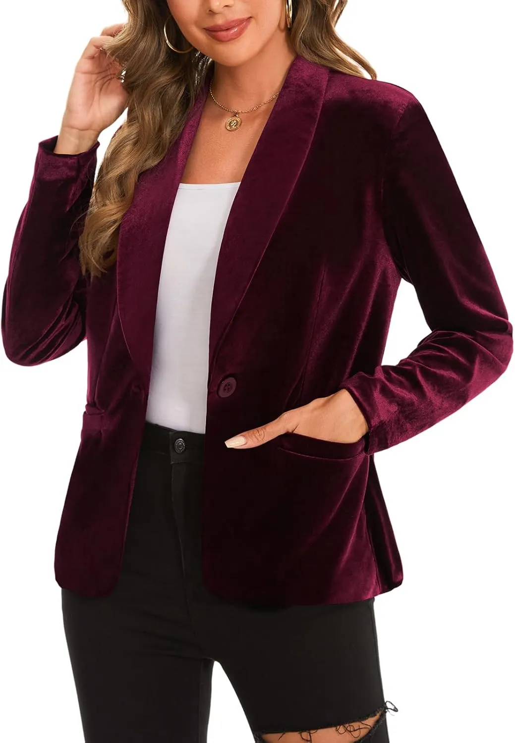 MINTLIMIT Women's Office Velvet Blazers Long Sleeve Shawl Collar 1 Button Open Front Lightweight Blazer Jacket with Pockets