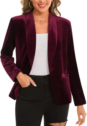 MINTLIMIT Women's Office Velvet Blazers Long Sleeve Shawl Collar 1 Button Open Front Lightweight Blazer Jacket with Pockets
