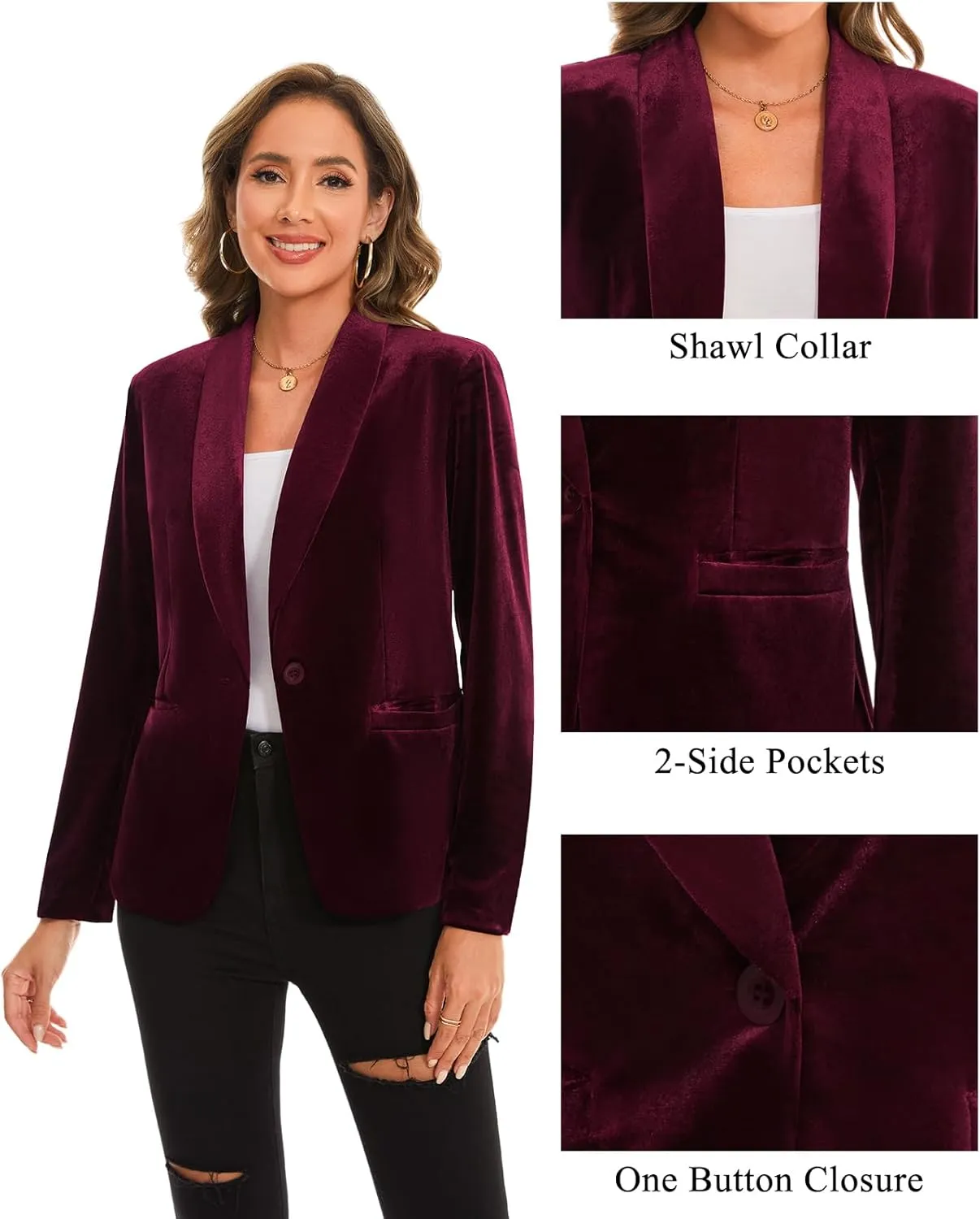MINTLIMIT Women's Office Velvet Blazers Long Sleeve Shawl Collar 1 Button Open Front Lightweight Blazer Jacket with Pockets