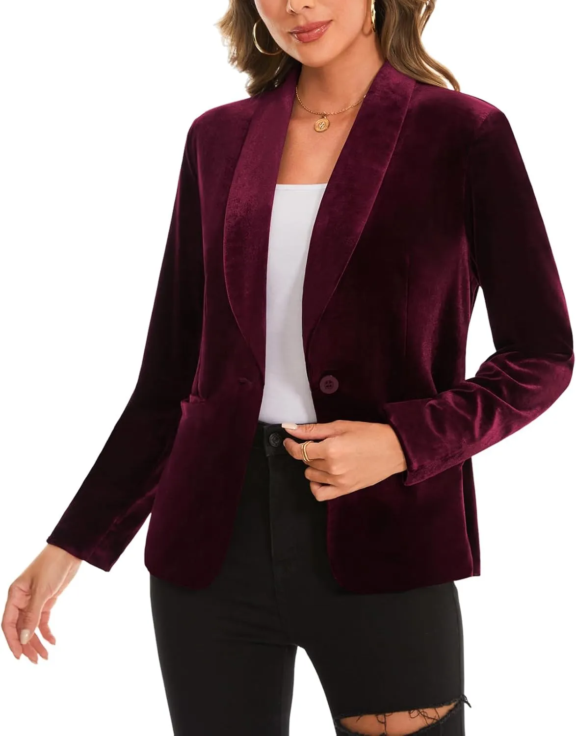 MINTLIMIT Women's Office Velvet Blazers Long Sleeve Shawl Collar 1 Button Open Front Lightweight Blazer Jacket with Pockets