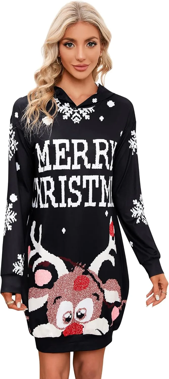 MISSKY Womens Merry Christmas Print Long Sleeve Hooded Dresses Pullover Sweatshirt Hoodie Dress for Women with Pockets