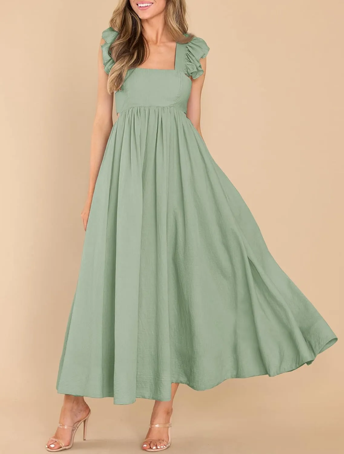 MITILLY Women's Summer Flutter Sleeve Square Neck Tie Back Casual Pleated A-Line Flowy Maxi Dress with Pockets