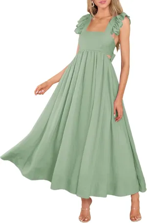 MITILLY Women's Summer Flutter Sleeve Square Neck Tie Back Casual Pleated A-Line Flowy Maxi Dress with Pockets