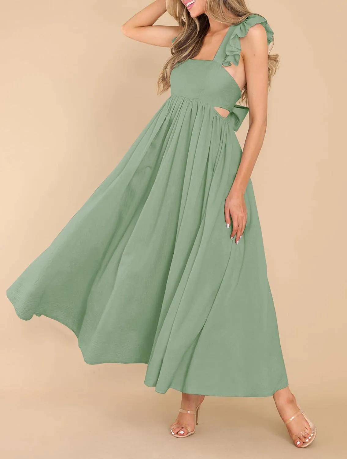 MITILLY Women's Summer Flutter Sleeve Square Neck Tie Back Casual Pleated A-Line Flowy Maxi Dress with Pockets