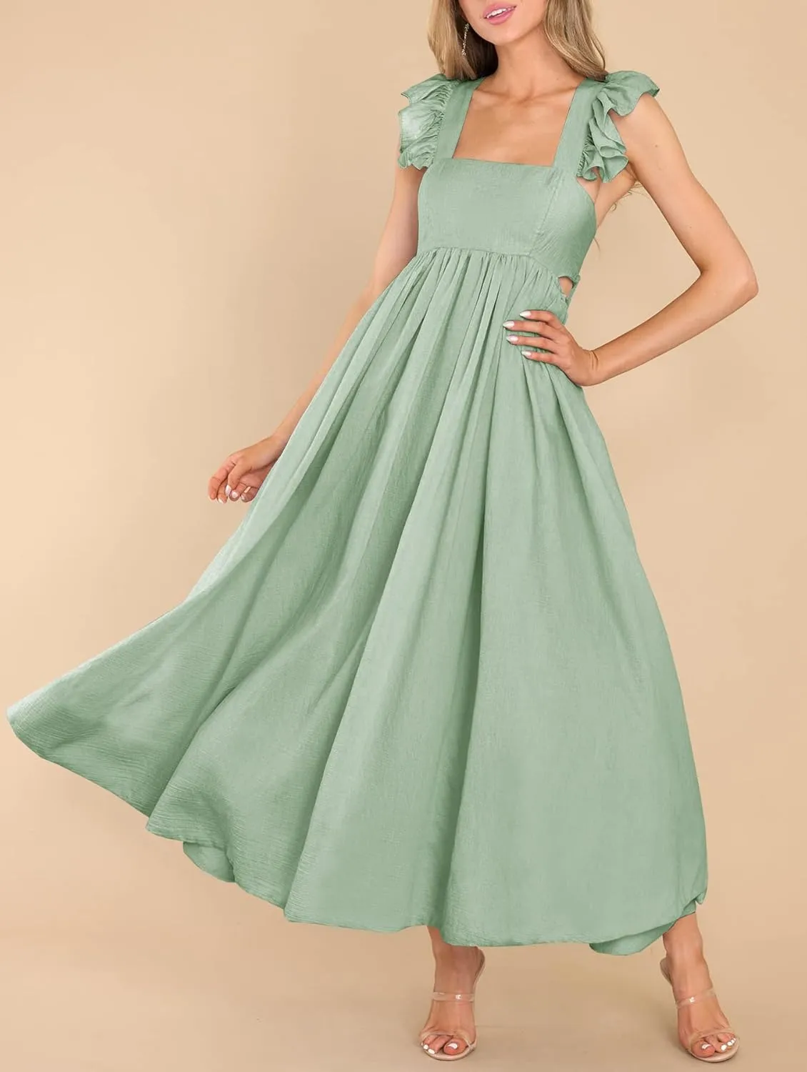 MITILLY Women's Summer Flutter Sleeve Square Neck Tie Back Casual Pleated A-Line Flowy Maxi Dress with Pockets