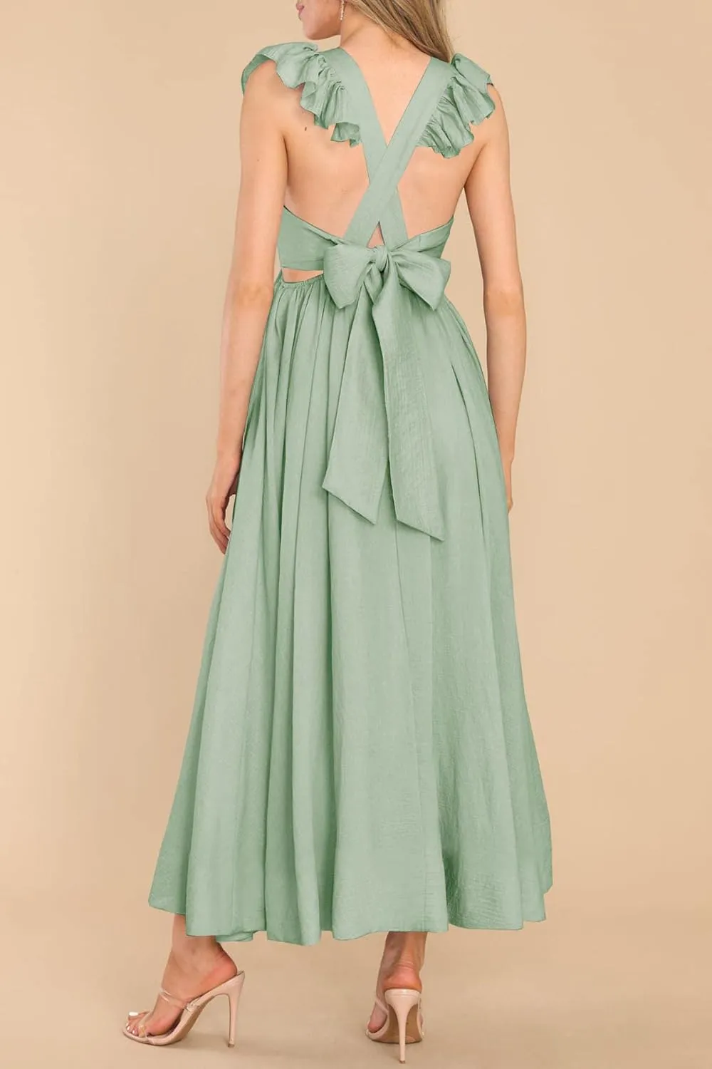 MITILLY Women's Summer Flutter Sleeve Square Neck Tie Back Casual Pleated A-Line Flowy Maxi Dress with Pockets