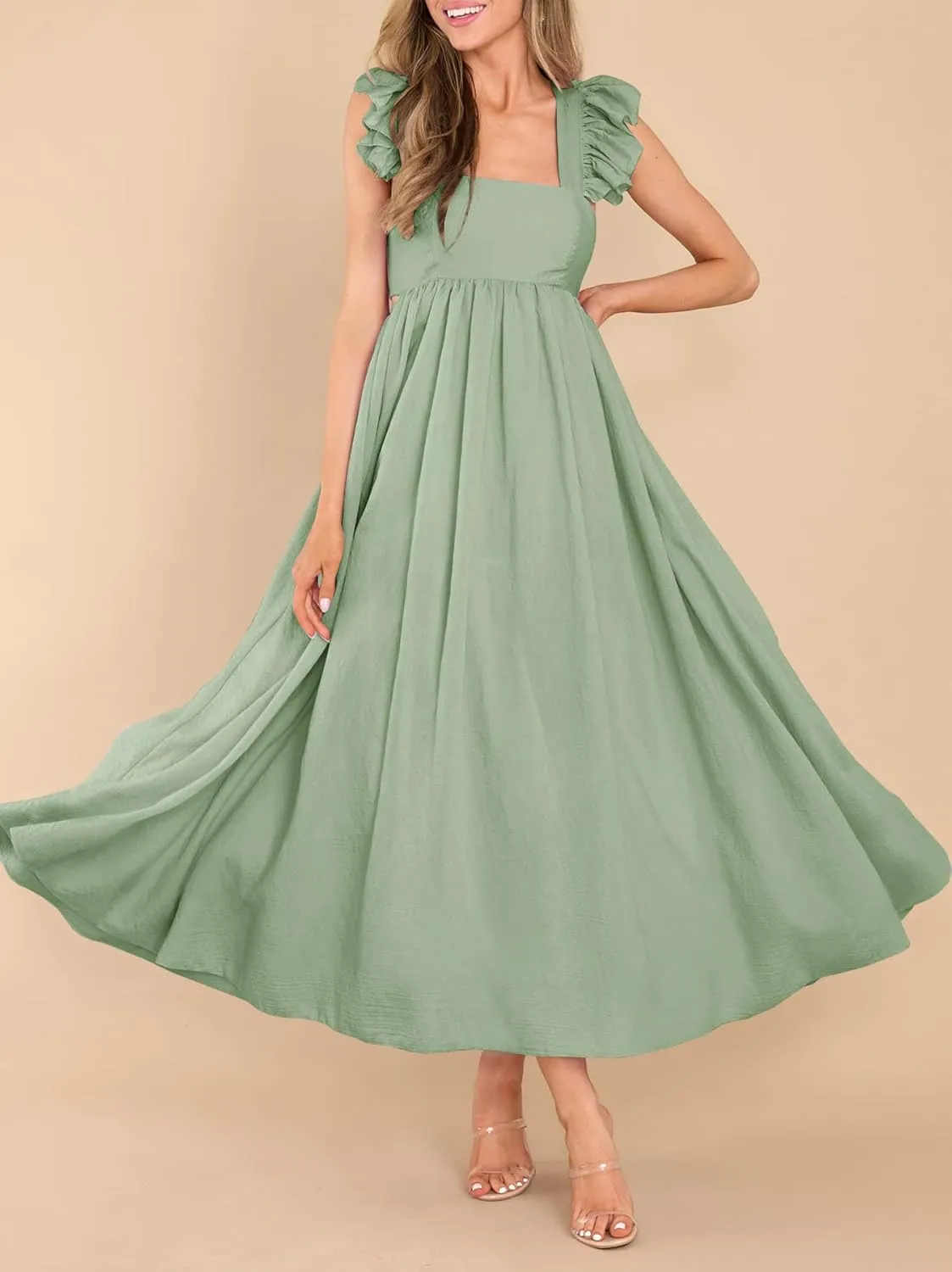 MITILLY Women's Summer Flutter Sleeve Square Neck Tie Back Casual Pleated A-Line Flowy Maxi Dress with Pockets