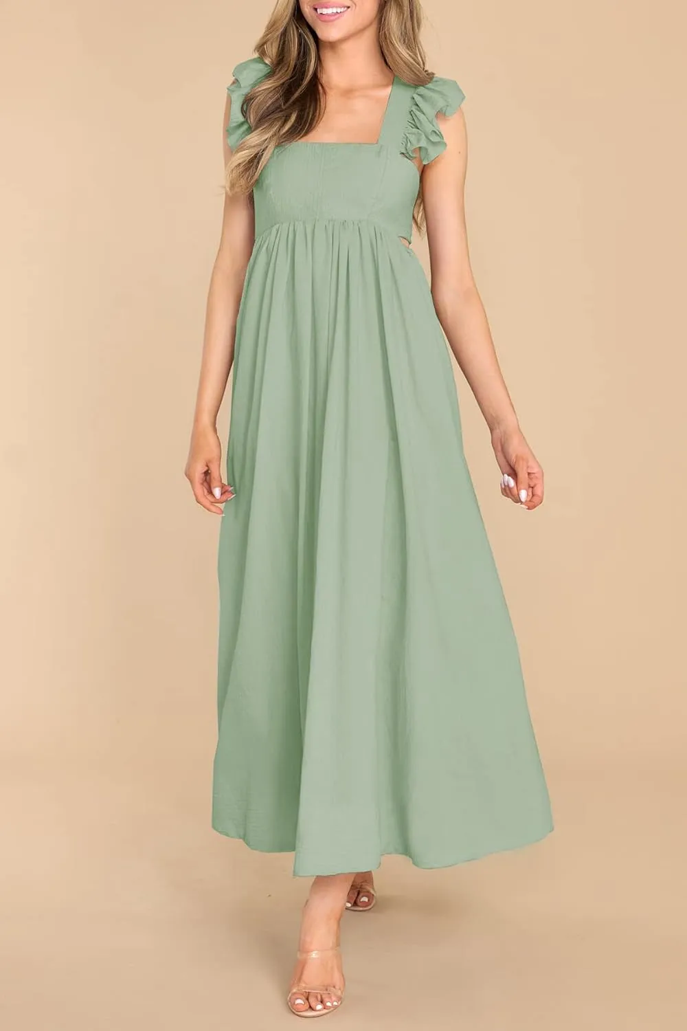 MITILLY Women's Summer Flutter Sleeve Square Neck Tie Back Casual Pleated A-Line Flowy Maxi Dress with Pockets