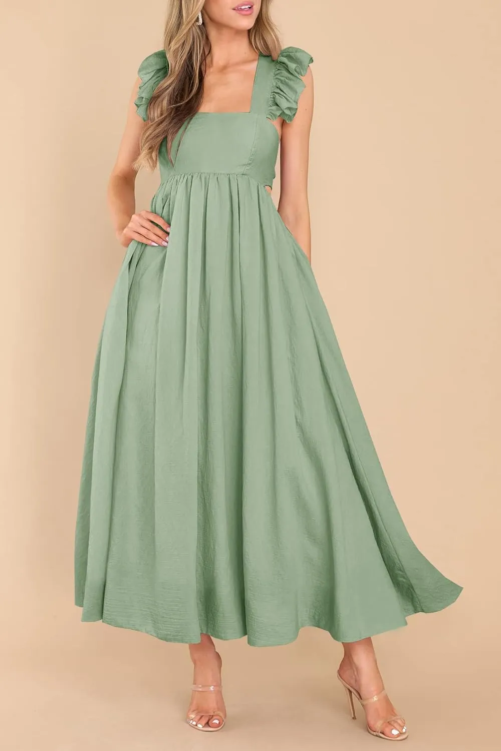 MITILLY Women's Summer Flutter Sleeve Square Neck Tie Back Casual Pleated A-Line Flowy Maxi Dress with Pockets