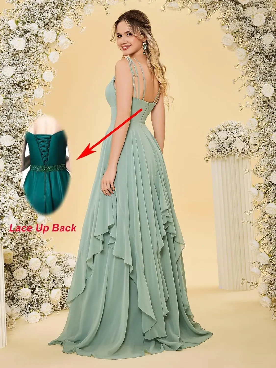 Monlity Women's Adjustable Straps Chiffon Bridesmaid Dresses for Women Long Puffy Tiered A-line Formal Evening Gown