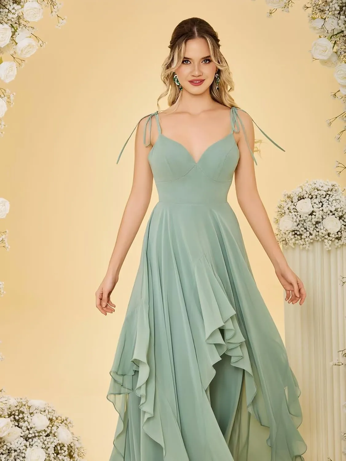 Monlity Women's Adjustable Straps Chiffon Bridesmaid Dresses for Women Long Puffy Tiered A-line Formal Evening Gown