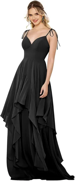 Monlity Women's Adjustable Straps Chiffon Bridesmaid Dresses for Women Long Puffy Tiered A-line Formal Evening Gown