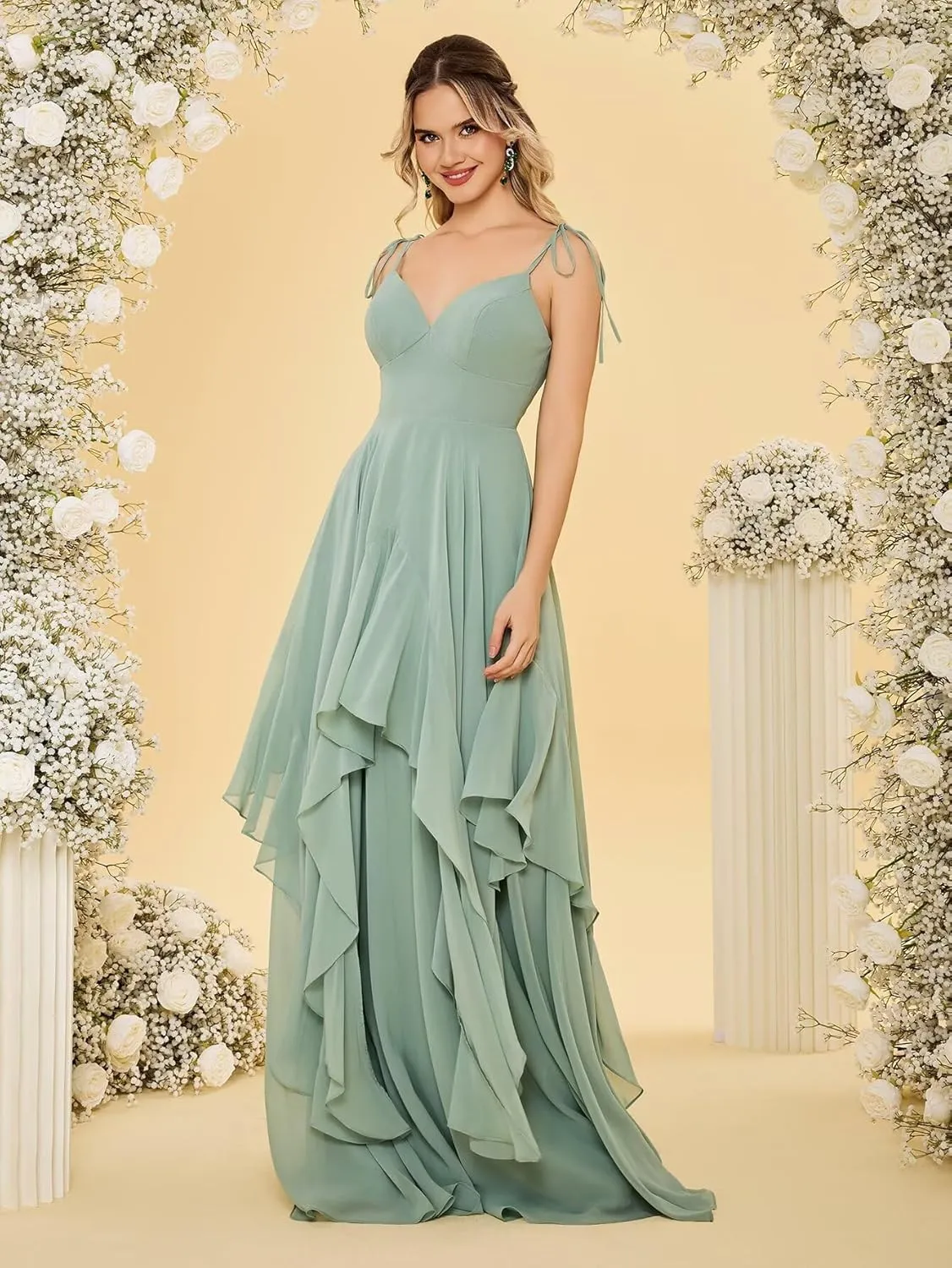 Monlity Women's Adjustable Straps Chiffon Bridesmaid Dresses for Women Long Puffy Tiered A-line Formal Evening Gown