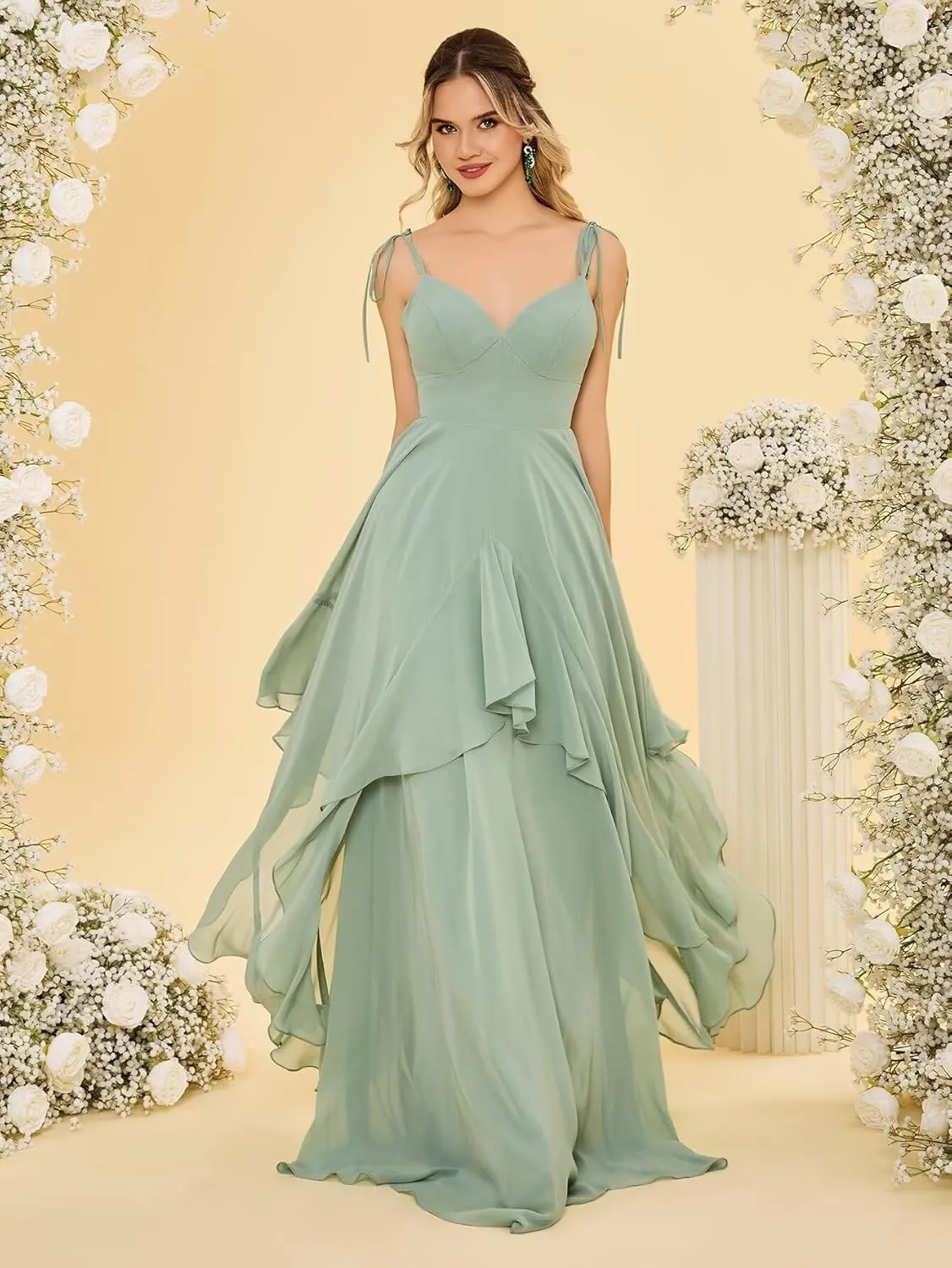 Monlity Women's Adjustable Straps Chiffon Bridesmaid Dresses for Women Long Puffy Tiered A-line Formal Evening Gown
