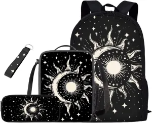 Moon Book Bags for Boys Girls Backpack with Lunch Box Large Capacity Easy Clean Matching Keychain Suit for Grade 7th 8th 9th Back to School Study Supplies 4Pcs