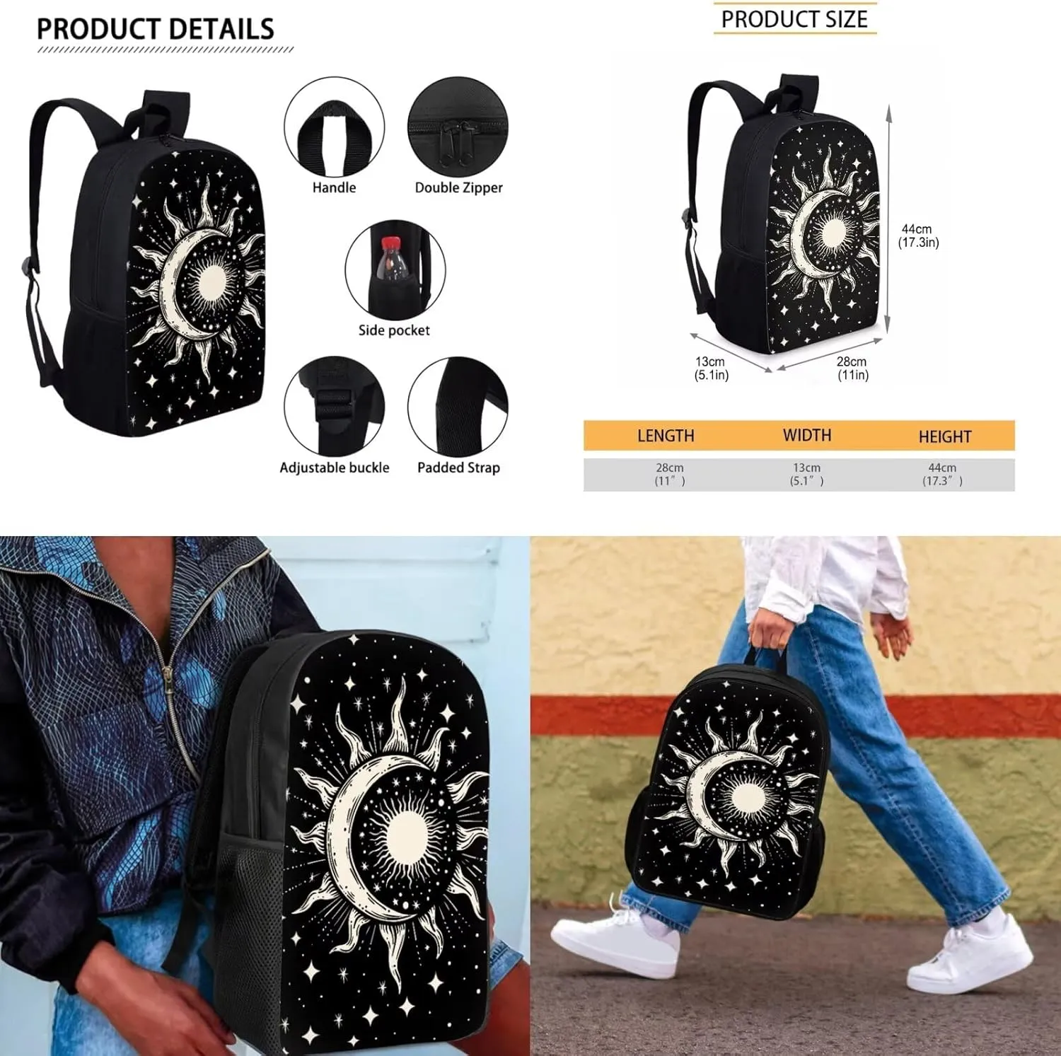 Moon Book Bags for Boys Girls Backpack with Lunch Box Large Capacity Easy Clean Matching Keychain Suit for Grade 7th 8th 9th Back to School Study Supplies 4Pcs