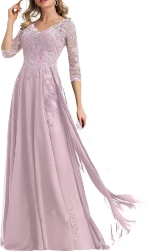 Mother of The Bride Dresses Lace Applique Sequins 3/4 Sleeve Wedding Guest Gowns Chiffon Formal Evening Dress HR001