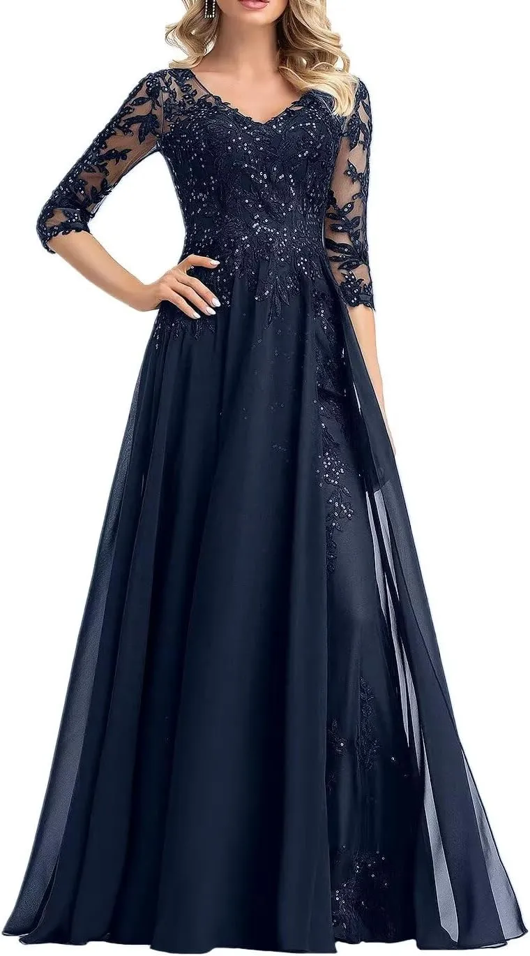 Mother of The Bride Dresses Lace Applique Sequins 3/4 Sleeve Wedding Guest Gowns Chiffon Formal Evening Dress HR001